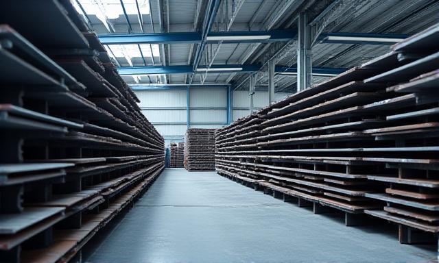 Stacked industrial metal beams in a warehouse