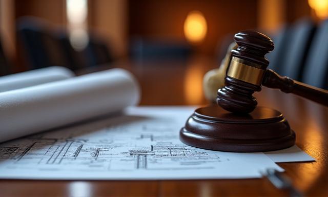 Close up of a boardroom table with blueprints and a gavel